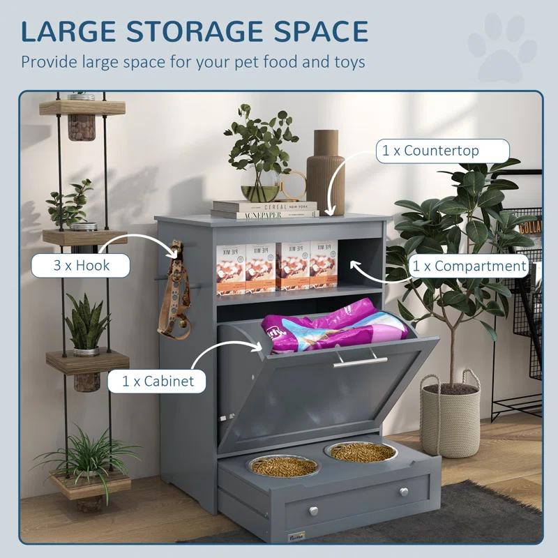 Pawhut Elevated Feeder, Pet Feeder Station, Storage Cabinet