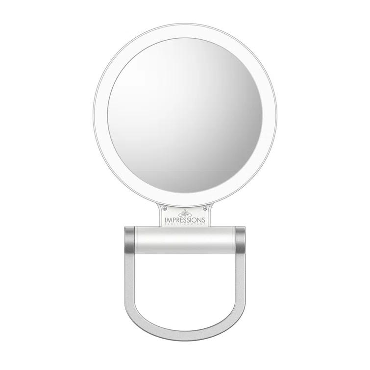 IMPRESSIONS VANITY · COMPANY Focus Tri Tone Travel Makeup Mirror with LED Lights, Dual Sided 10x Magnifying Mirror with 360 Tilt