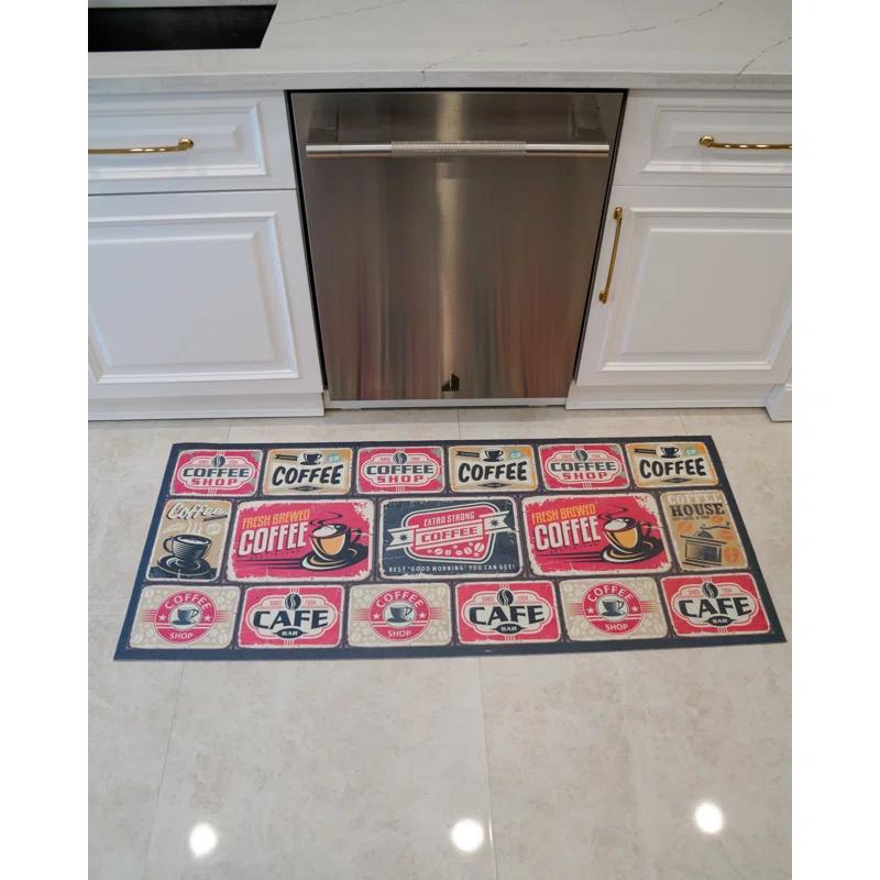 Trinx Castlehaven Coffee Label Tiles Kitchen Mat