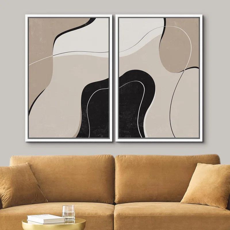 Mid Century Shape "Brown And Black Abstract Neutral Line Chic Framed Canvas Print 2 Pieces Wall Art