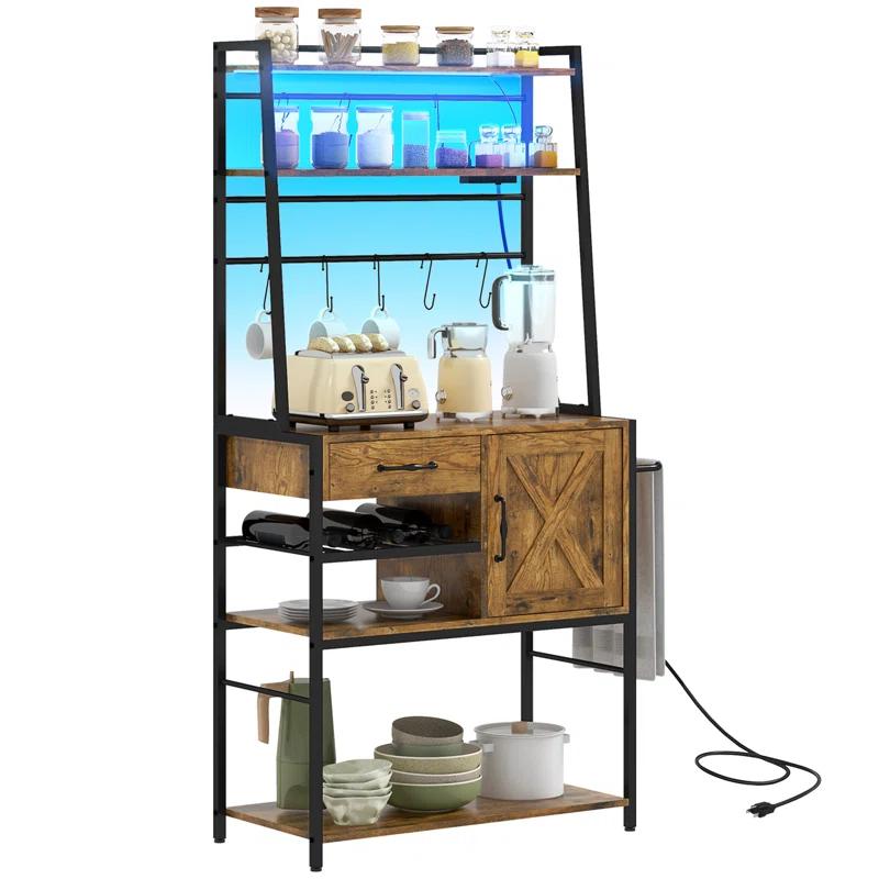 17 Stories Baker's Rack With Power Outlet And LED Lights Bar With Storage Shelves,Industrial Microwave Stand With Wine Bottle Rack,Drawer,Barn Door Cabinet