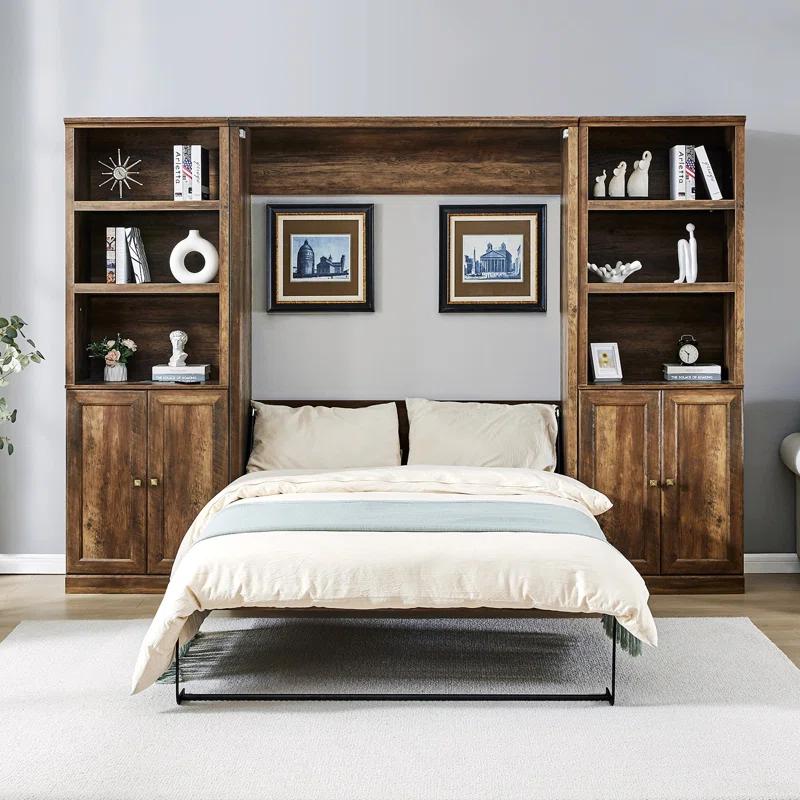 LOONGFIELD Full Size Half Self-Close And Open Murphy Bed With 2 Side Cabinet Storage Shelf, Cabinet Space-Saving Bed Perfect For Guest Room, Bed Room, Guest Room, Home Office