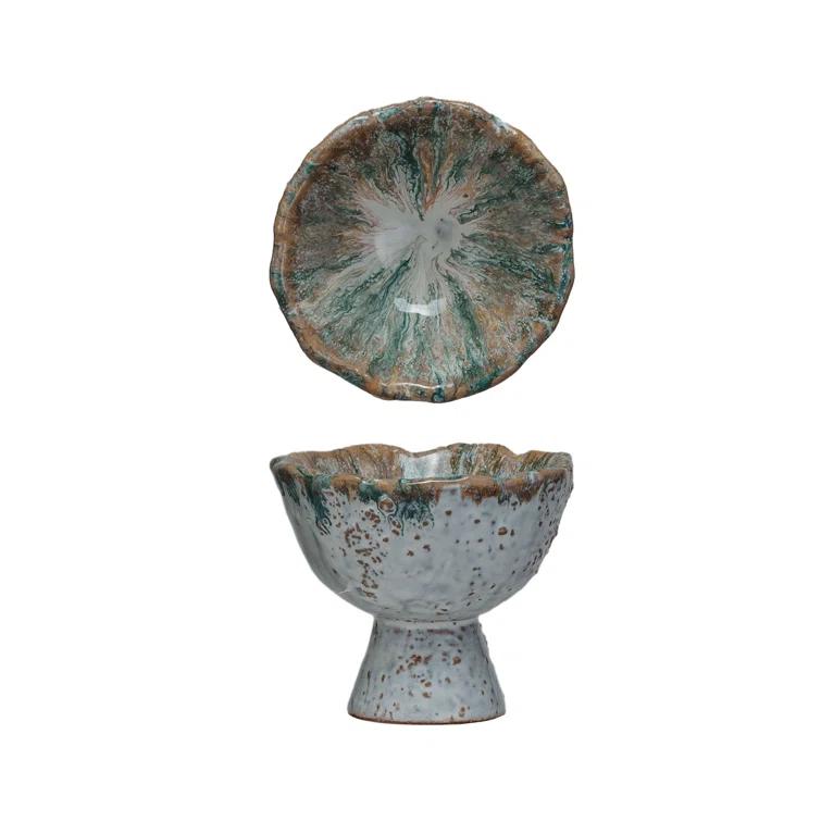 Green and Brown Speckled Stoneware Bowl with Stand