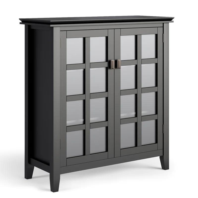 Simpli Home Artisan 38"W Solid Wood 4-Shelf Medium Storage Cabinet with Glass Doors and Adjustable Shelves