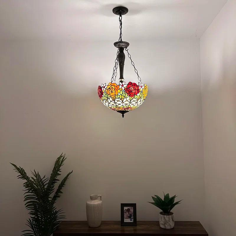 ENJOY DECOR LAMPS Tiffany Chandeliers Pendant Lamps Red Orange Stained Glass Rose Flowers LED Bulbs 16"W*16"D*60"H
