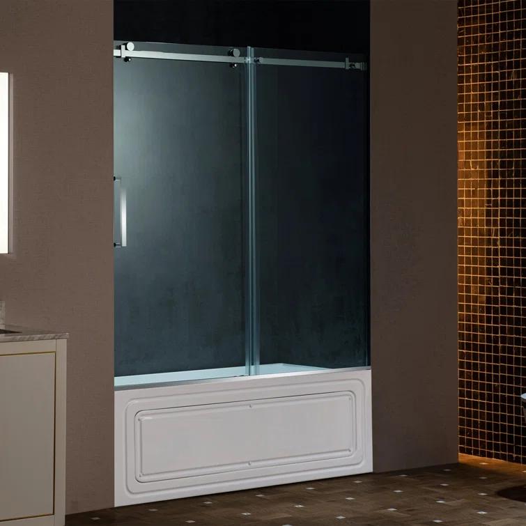 WoodBridge Frameless Single Sliding Shower Doors, 56-60" W X 62" H With 5/16" Clear Tempered Glass And Explosion-Proof Film MSDF6062-C