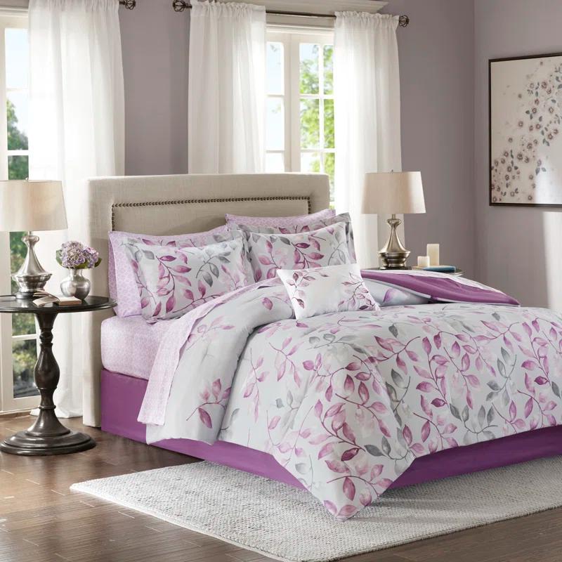 Lafael Purple/White Microfiber Reversible Traditional Comforter Set with Cotton Bed Sheets