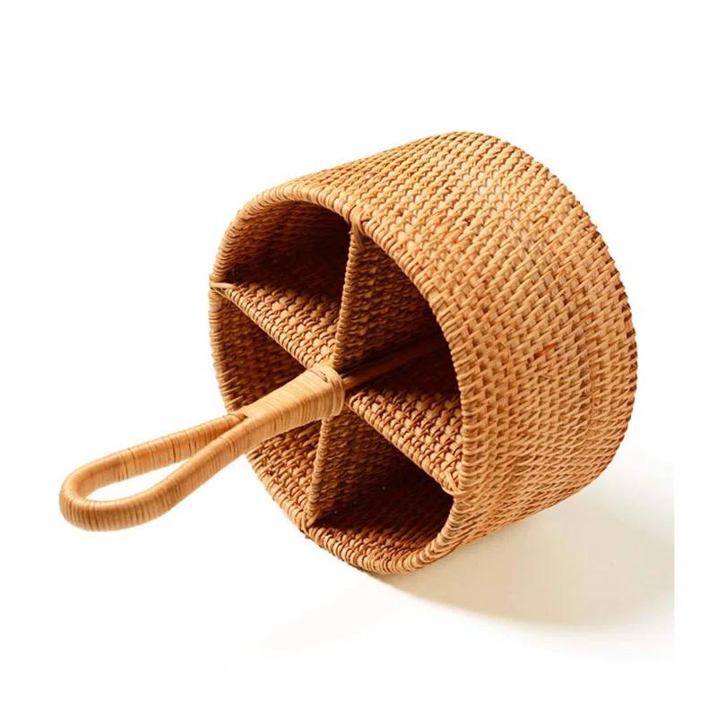 Stack man 2 Pack Rattan Round Condiment Carrier Cooking Utensil Caddy Holder- 4-Compartment Handmade Flatware Organizer Silverware Caddy For Tabletop,Parties, Cooking Utensil Condiment Organizer