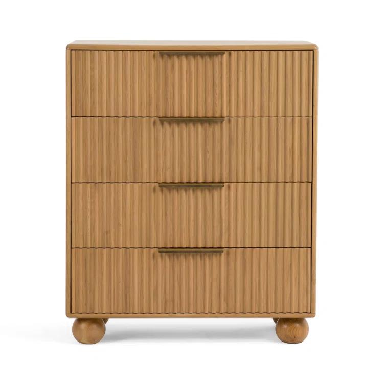 Benjara Cid Joya 45 Inch Tall Chest, 4 Drawers, Golden Metal Handles, Natural Oak