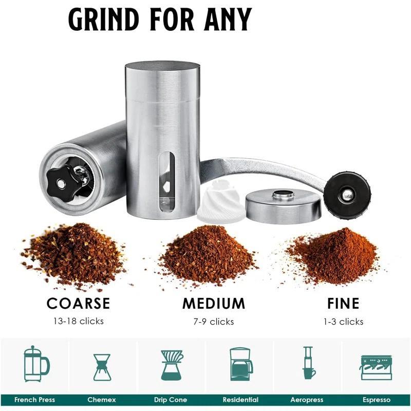 Manual Stainless Steel Coffee Grinder - 18 Adjustable Settings, Portable Conical Burr Grinder For Camping, Travel, Espresso - With Hand Crank