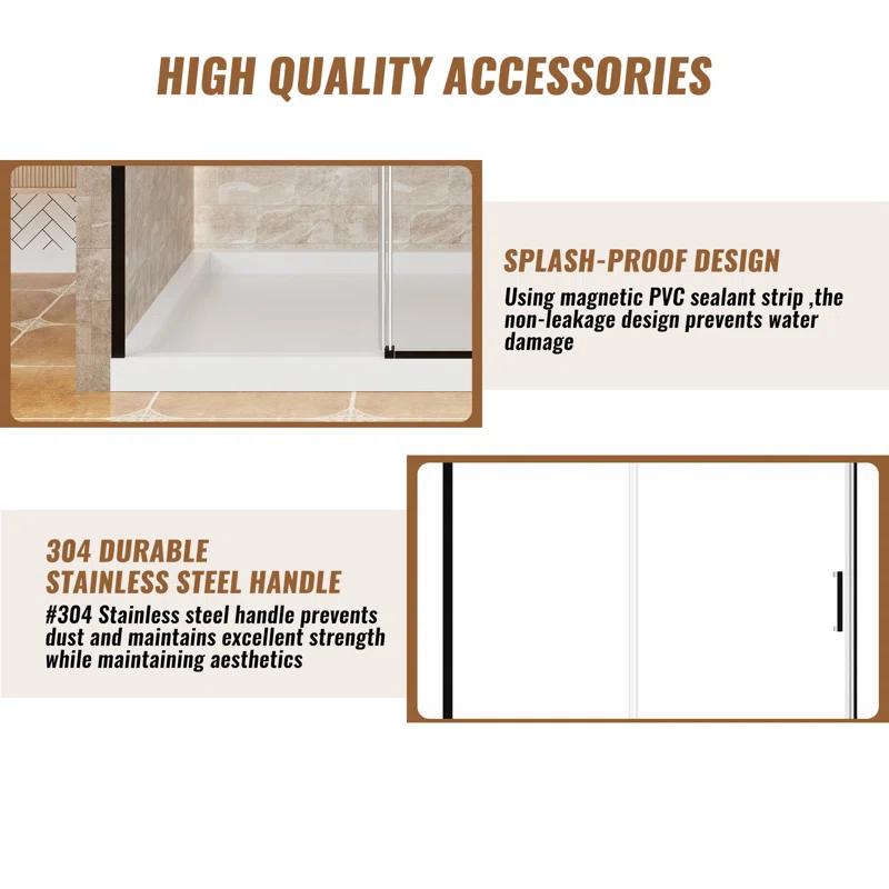 60" W x 76" H Framed Shower Door Single Sliding 10MM Tempered Glass 304 Stainless Steel Accessories