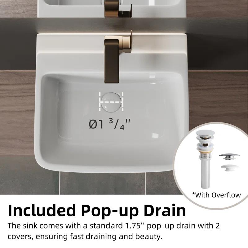 Los Flexi Wall Mount Sink with Overflow, Modern Floating Bathroom Vessel Sink, Single Faucet Hole, Pop-up Drain Included