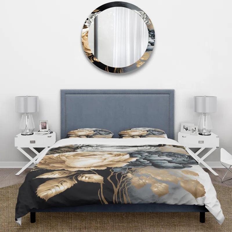 Design Art White, Gold And Black Rose Bouquet I - Floral Rose Duvet Cover Set - Microfiber Polyester