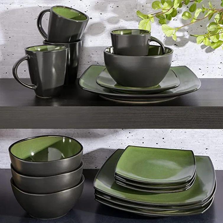 Gibson Soho Lounge Square 16-Piece Stoneware Dinnerware Set - Green