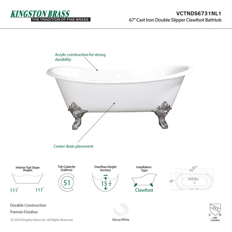 Kingston Brass Kingston Brass Aqua Eden 67-Inch Cast Iron Oval Double Slipper Clawfoot Tub (No Faucet Drillings) VCTNDS6731NL1