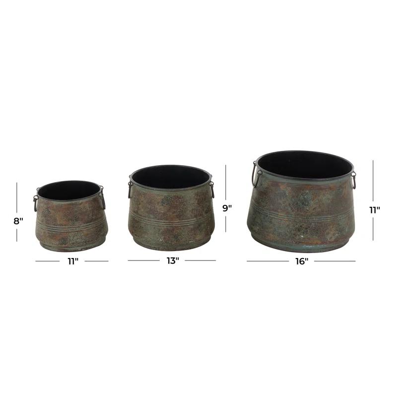 Gracie Oaks Cowden 3 Piece Metal Distressed Bucket Style Indoor Outdoor Bronze Planter with Side Ring Handles Set