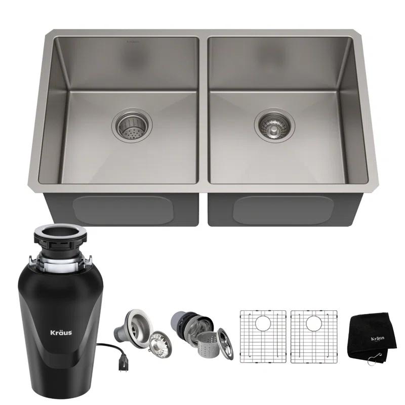 Kraus 33" L x 19" W Double Basin Farmhouse Kitchen Sink with Accessories KHU102-33-100-75MB