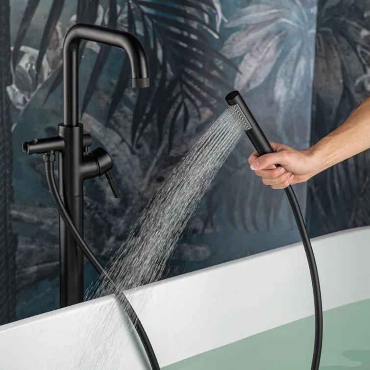 WoodBridge Single Handle Floor Mounted Freestanding Tub Filler Faucet with Handshower F0072MBRD