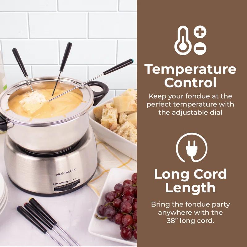 Nostalgia Nostalgia 6-Cup Stainless Steel Electric Fondue Pot with Temperature Control, 6 Color-Coded Forks and Removable Pot - Perfect for Chocolate, Caramel, Cheese, Sauces and More