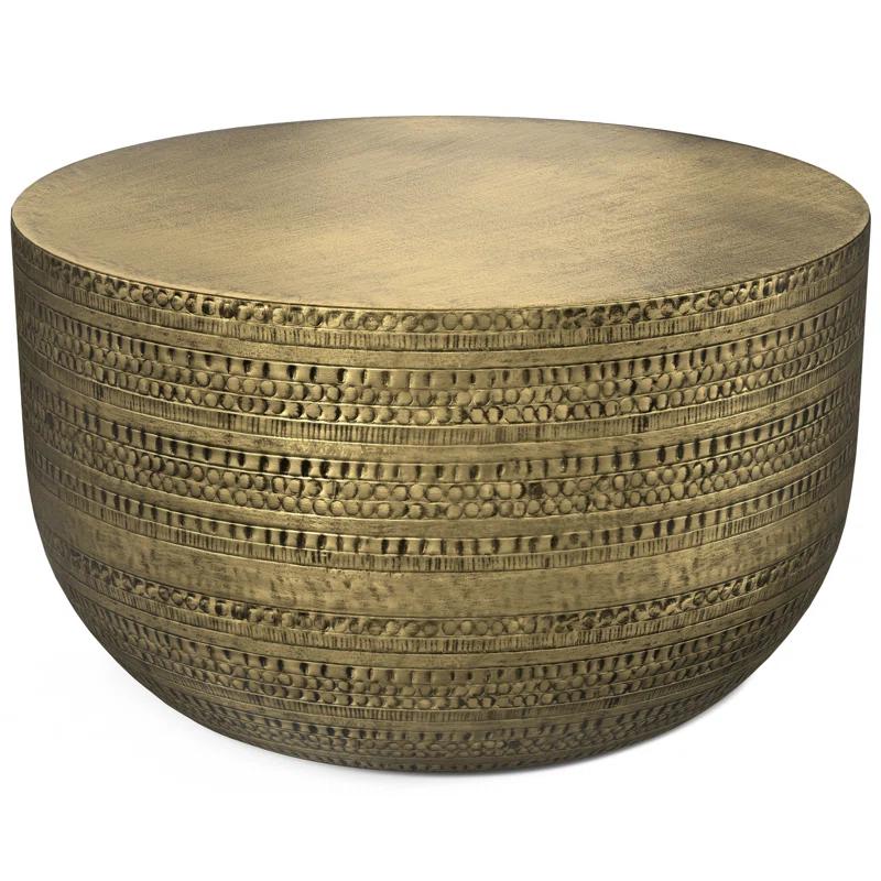 Simpli Home Johnsen 30"W Metal Boho Modern Round Coffee Table with Textured Detail, Assembled