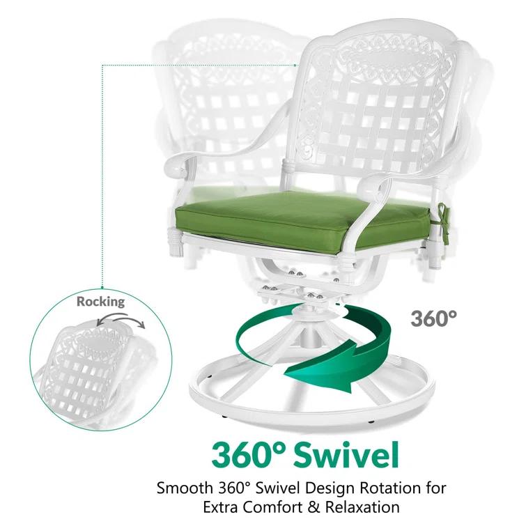 VIVIJASON Vivijason Patio Swivel Dining Chairs Set Of 2, All Weather Cast Aluminum Outdoor Dining Rocker Chairs, Patio Furniture Chair Set With Cushion For Balcony, Lawn, Garden, Backyard, White/green Cushion
