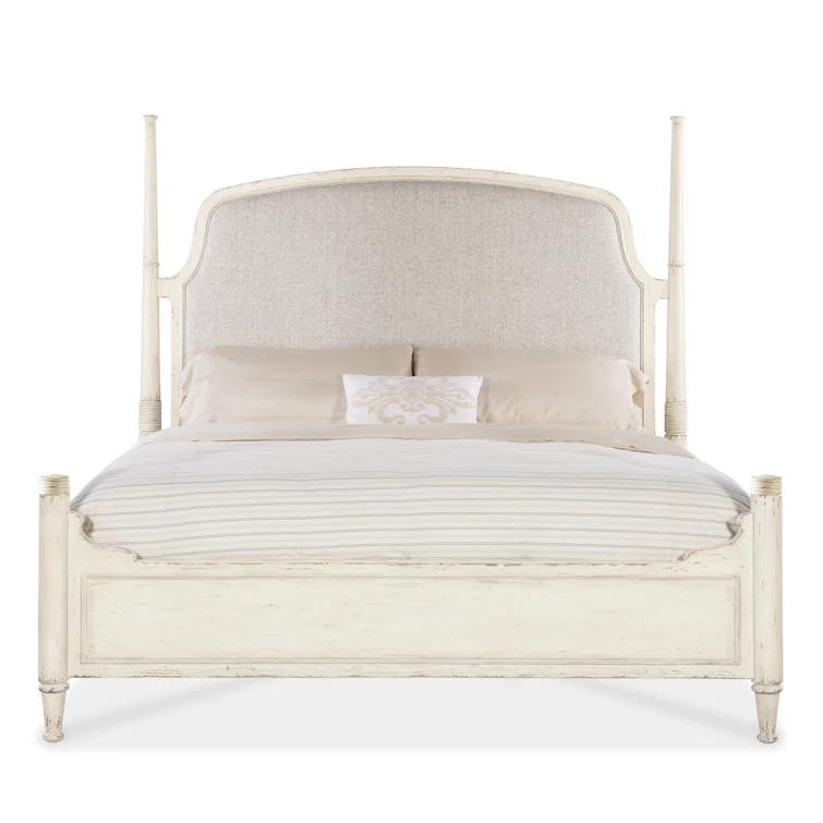 Beige Queen Upholstered Poster Bed with Wood Frame
