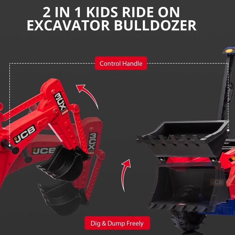 Hetoy 4 In 1 Ride On Excavator, 12V Battery Powered Electric Vehicle For Kids With Remote Control