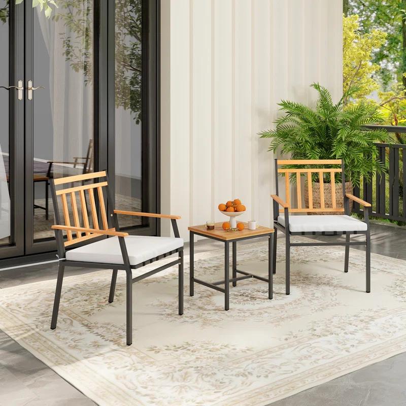Gracie Oaks 3 Pieces Acacia Wood Bistro Set Patio Conversation Set With Cushions And Coffee Table Outdoor Bistro Table And Chairs Set
