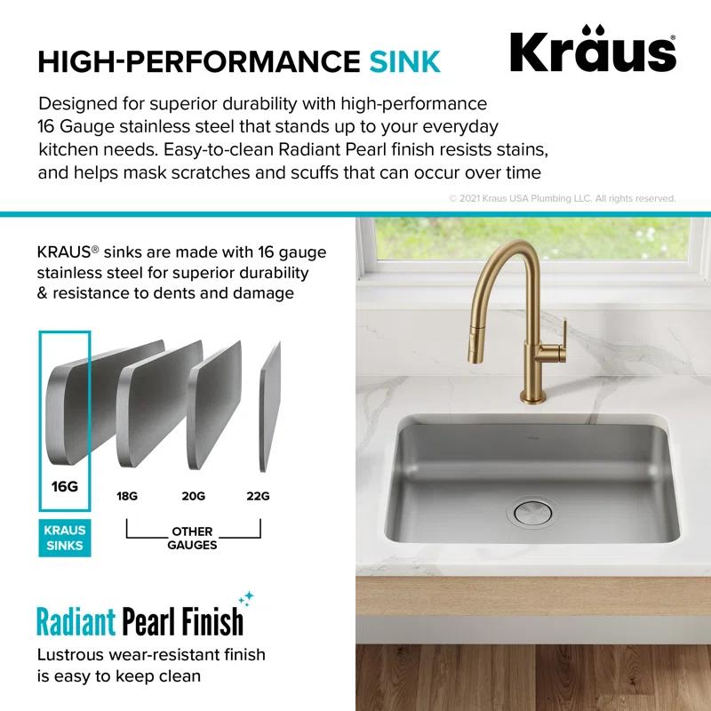 Kraus KA1AS25B Dex™️ Series KRAUS 25" L Undermount 16 Gauge Stainless Steel Single Bowl ADA Kitchen Sink