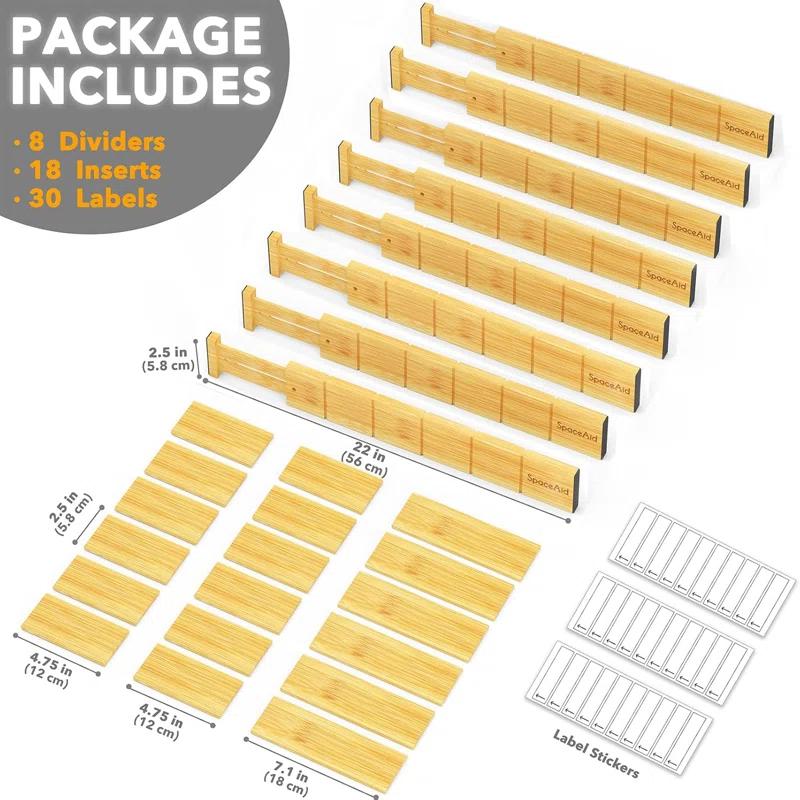 SpaceAid Bamboo Drawer Dividers with Inserts and Labels – Adjustable Kitchen Drawer Organizers, Expandable Storage for Home, Office, Dressers, and Bathroom, 8 Dividers with 18 Inserts (17-22 inches)