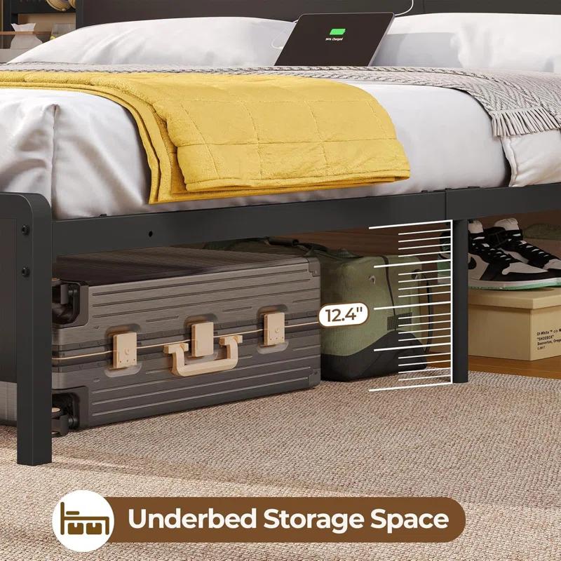 Ivy Bronx Bed Frame With Storage Headboard & Power Outlet, Metal Platform Bed With Led Lights, No Box Spring Needed, Strong Metal Slats, Noise-free, Industril Black