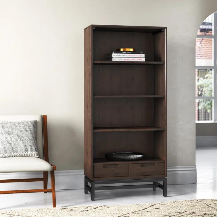 Banting 30"W Solid Wood 4 Shelf Industrial Bookcase with 2 Drawers, Adjustable Shelves, and Metal Base