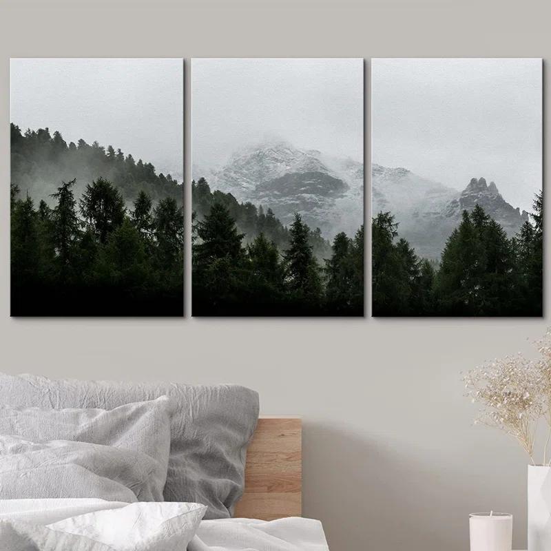 IDEA4WALL Misty Forest Landscape Mountain With Fog Natural Framed Canvas 3 Pieces Photograph Print Wall Art