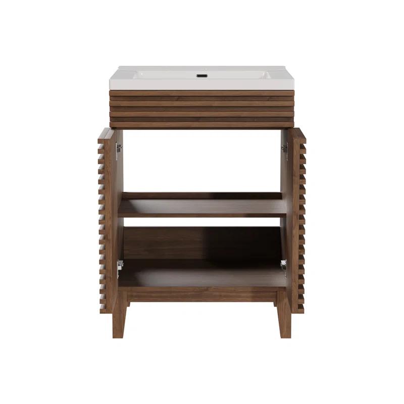 DeerValley  Cove 24" Bathroom Vanity with Ceramic Sink Top, Fully Assembled Mid-Century Wood Bathroom Cabinet Walnut & Reviews | Wayfair