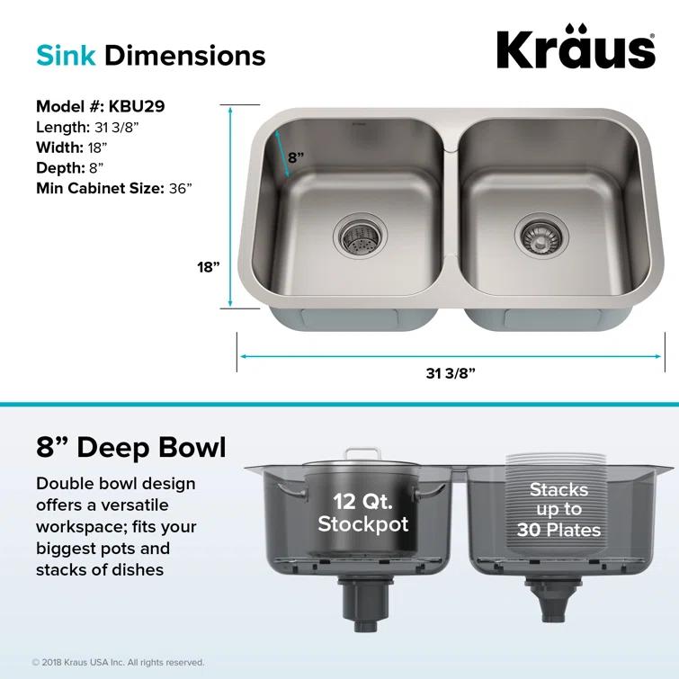 Kraus KRAUS Premier 32-inch L 18 Gauge Undermount 50/50 Double Bowl Stainless Steel Kitchen Sink KBU29