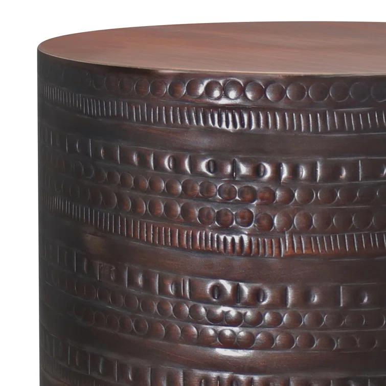 Bungalow Rose Johnsen 15"W Metal Industrial Boho Tribal Pattern Drum End Table with Textured Finish, Assembled