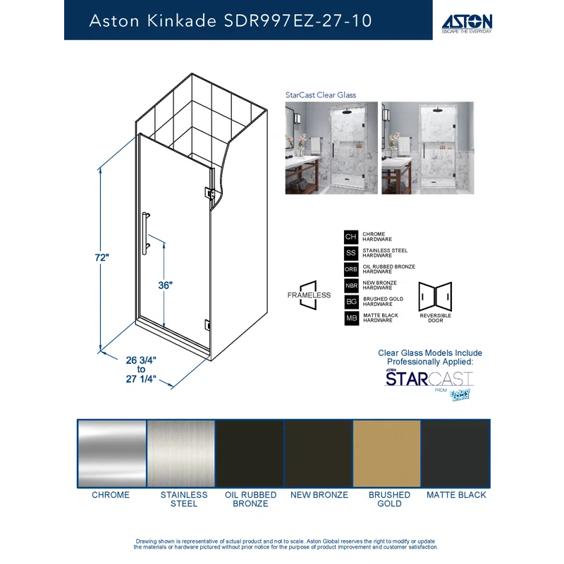 Kinkade 26.75" - 27.25" W x 72" H Hinged Frameless Shower Door