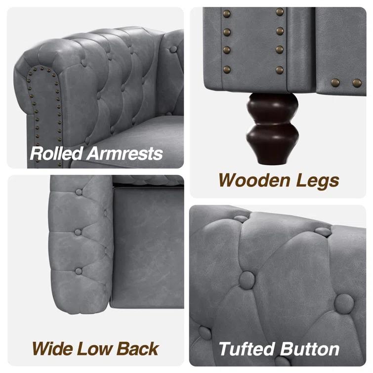 Alcott Hill® 72 Inch Couch Chesterfield Leather Sofa With Wooden Legs
