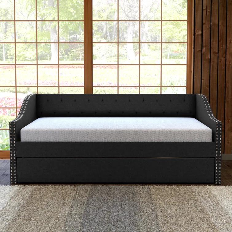 Boyd Sleep Manchester Upholstered Daybed with Pull Out Trundle, Twin Size, Tufted Backboard,
