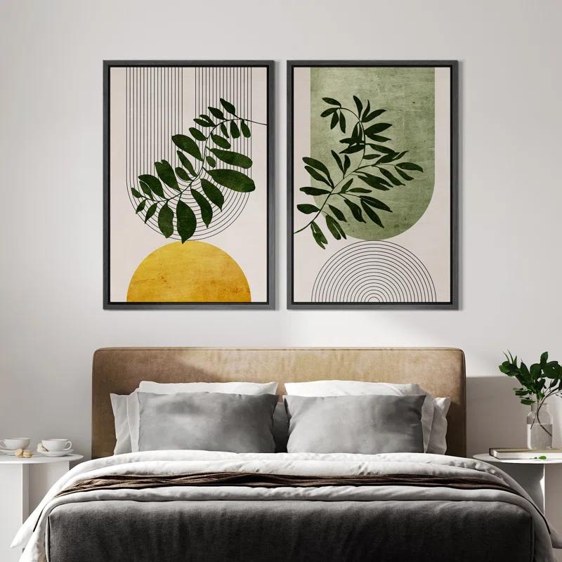 IDEA4WALL Mid Century Modern Boho Green Yellow Bright Plant Art Framed Canvas 2 Pieces Print  Wall Art Set