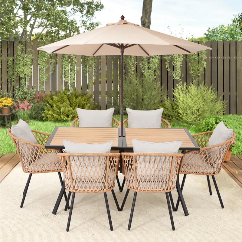 EROMMY 7 Piece Outdoor Dining Table Set, Patio Table And Chairs Set With 6 Rattan Chairs, Rectangular Table With Umbrella Hole, All-weather Patio Furniture For Backyard, Lawn, Garden