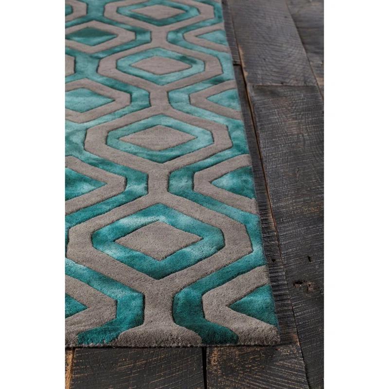 Fran Geometric Handmade Tufted Wool Area Rug in Teal/Gray