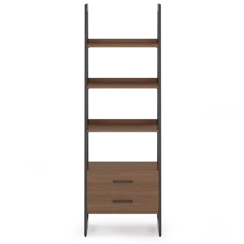 Simpli Home Sawhorse Modern Industrial and Metal Ladder Shelf with Storage in Walnut