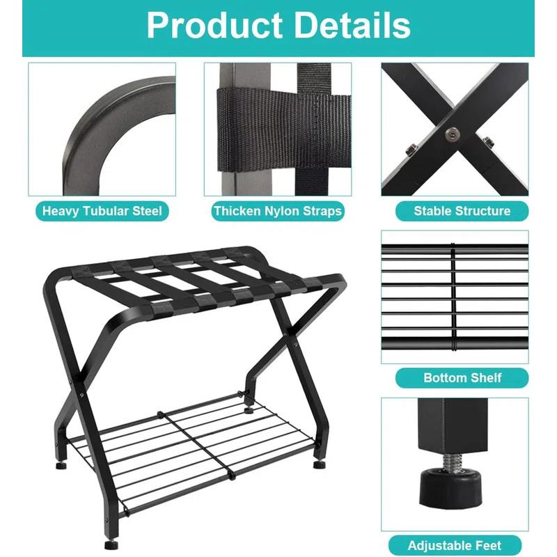 BINO Folding Luggage Rack With 2-Tiers Storage Shelf, Foldable Steel Frame Luggage Organizers For Suitcase, Metal Luggage Holder For Guest Room, Bedroom, Hotel, Closet, Black, 1Pack