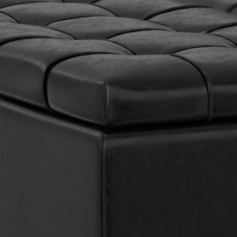 Simpli Home Laura 36"W Upholstered Square Storage Ottoman with Split Lift Top and 2 Storage Compartments