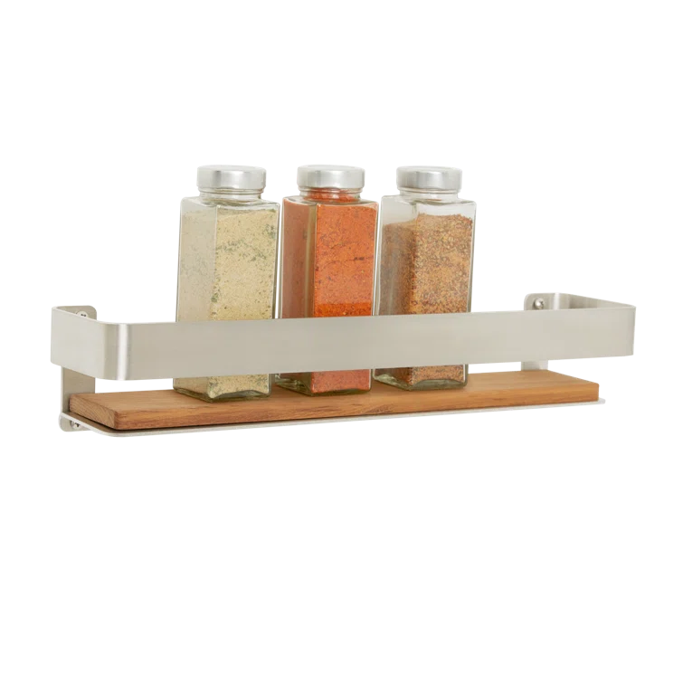 17 Stories Clet Wall Mount Stainless Steel Teak Wood Rectangular Bathroom Shelf