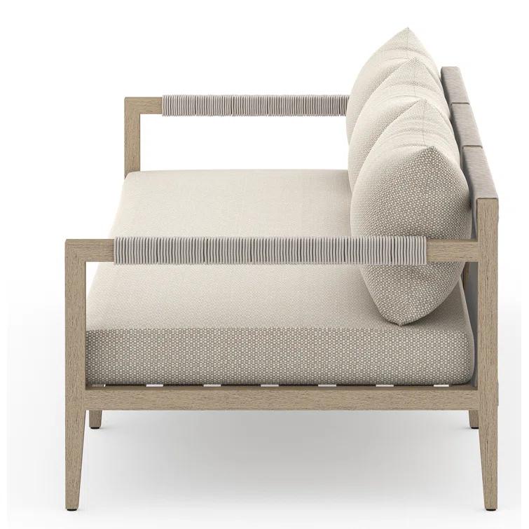 Sherwood Washed Brown Teak Outdoor Sofa with Beige Cushions