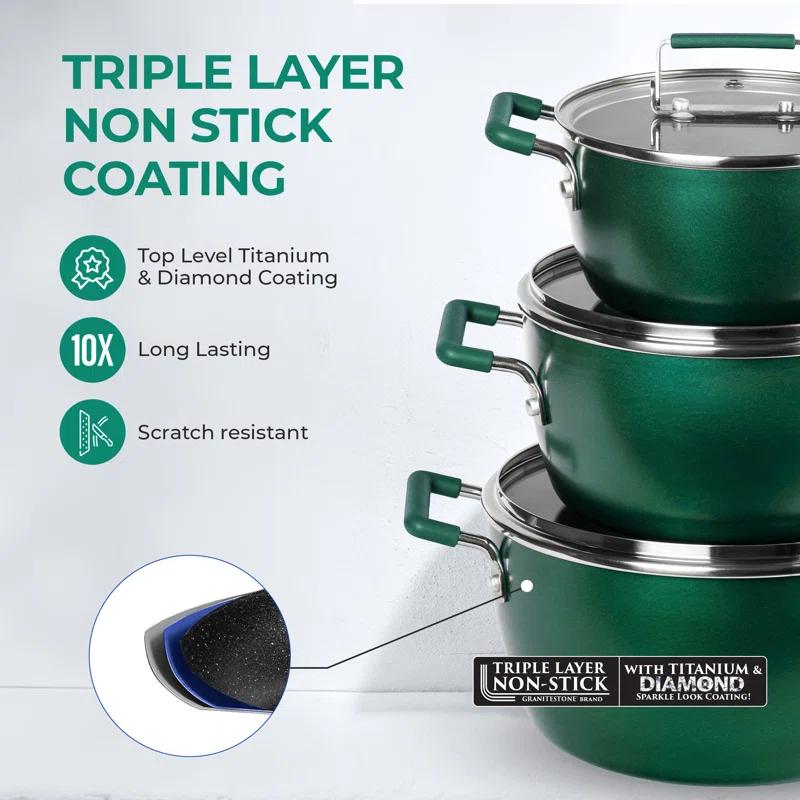 Granitestone 6 Piece Stackable Nonstick Nesting Pots with Lids, Dishwasher Safe