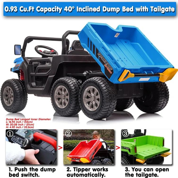 JOYRACER 24V 2 Seater Ride On Dump Truck with Remote Control , Electric UTV Car with Electric Dump Bed, 4WD Power Ride Cars W/6 Wheels Ride On Toys with Shovel Music Player