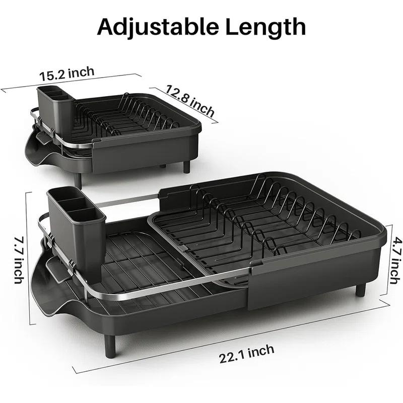 Fabhob Expandable Dish Rack for Kitchen Counter, Stainless Steel Dish Drainer with Drainboard Set and Utensil Holder